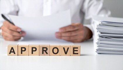 A person's hand holding a pen reviewing documents with APPROVE in front of it