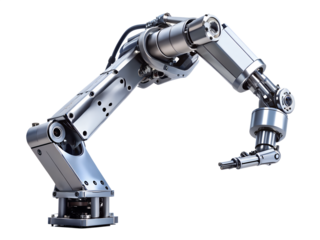 Industrial robotic arm isolated on transparent background, showcasing advanced automation technology for manufacturing and engineering applications