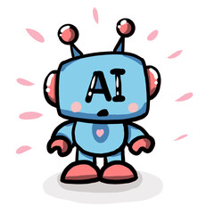 Adorable hand drawn robot with AI text on head, standing on shadow, surrounded by pink stylized accents in simple flat style, transparent background