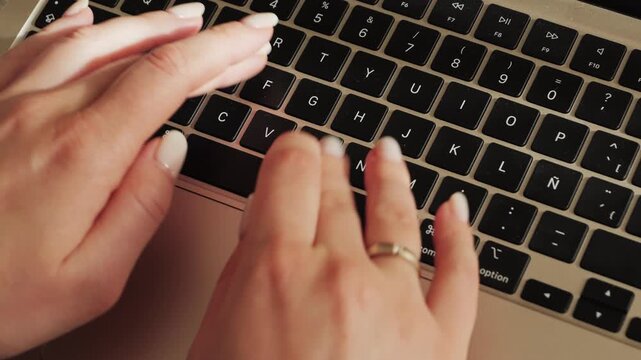Hands of businesswoman and typing on laptop, communication from home office. Closeup of hands chatting with ai using chatgpt ot deepseek.