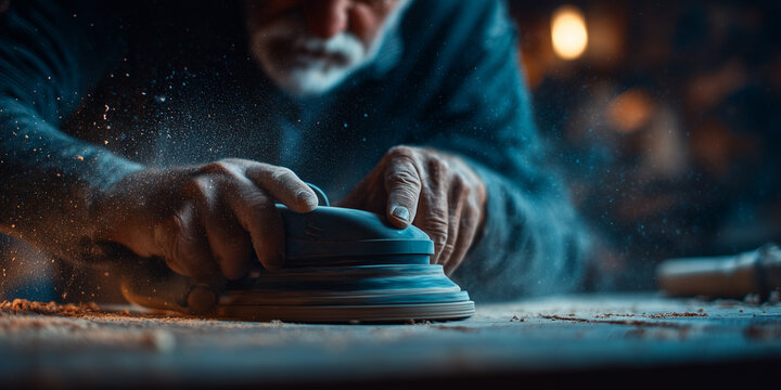 Extreme close-up of the hands of a carpenter at workshop polishing a wooden board with an electric orbital sander, on a dark background. Generative Ai.