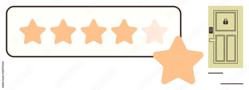 Poster five stars in a rating scale with one moved forward, next to a door with a lock keypad. ideal for se