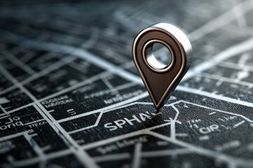 Location pin on a detailed map showing streets and place names in a monochromatic style