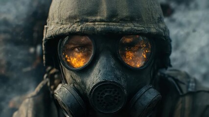 Soldier wearing gas mask and helmet with fire reflection in lenses, intense eyes visible through protective gear, dramatic smoky battlefield atmosphere with military war tension and smoke effects - Powered by Adobe