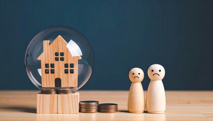 Conceptual image representing home ownership and financial uncertainty. A wooden house encased in a protective bubble is next to a family and stacks of coin