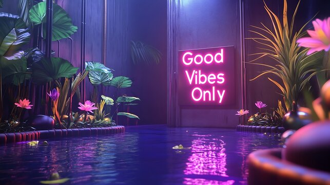 A trendy shirt design with a glowing neon sign that says Good Vibes Only in bright bold letters.