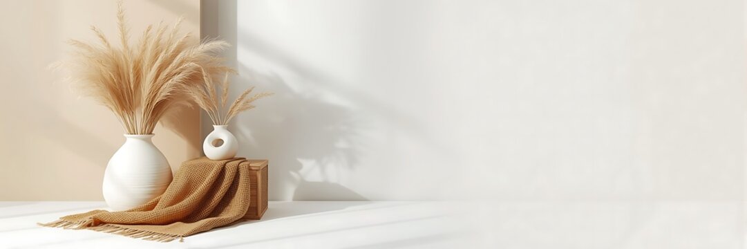 Minimalist interior scene with pampas grass in vases, a soft blanket, and natural light creating a serene and modern home decor aesthetic