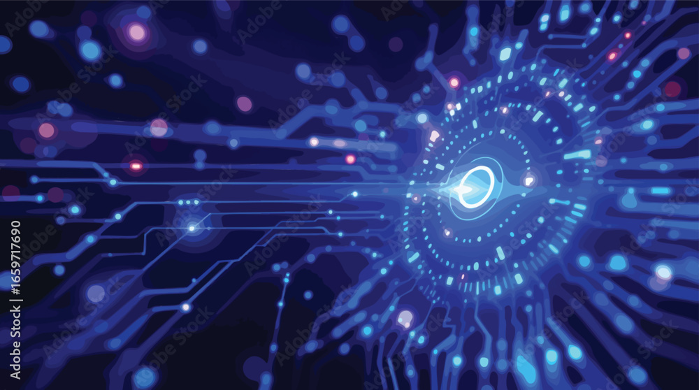 Poster abstract blue digital network with glowing center and data streams technology.