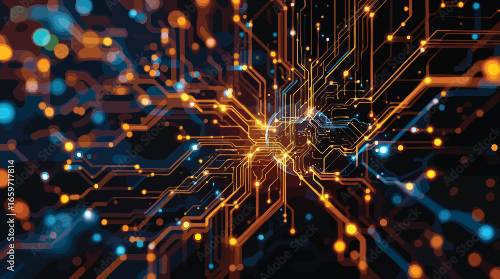 Poster abstract glowing orange and blue circuit board pattern with interconnected nodes technology.