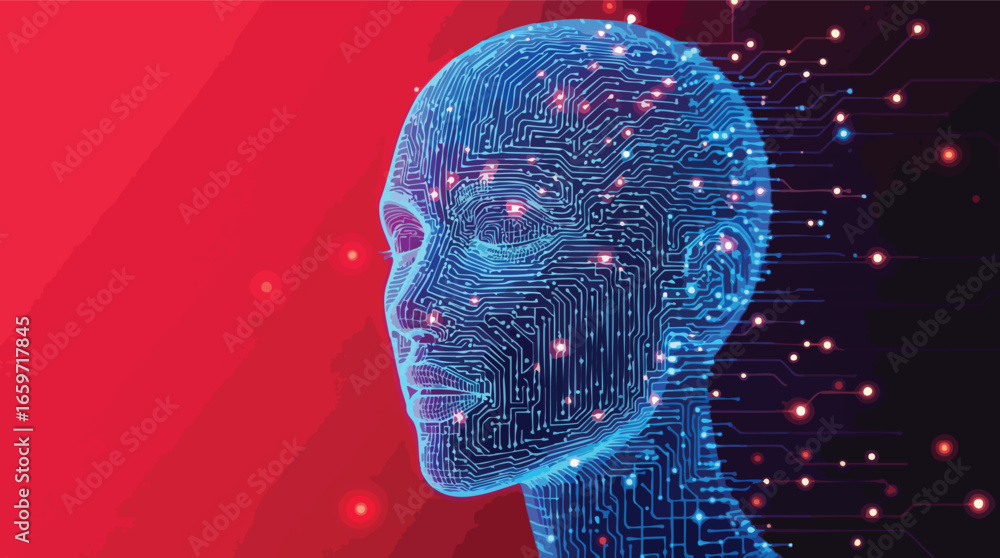 Poster ai head silhouette with digital circuitry and red background artificial intelligence.