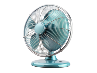 Retro electric table fan isolated on transparent background, a vintage metal cooling appliance for home and office with a classic design and style