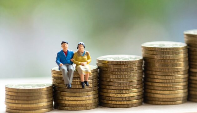 A miniature couple sitting on stacks of coins, representing financial planning and retirement
