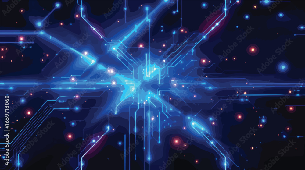 Poster complex blue digital circuitry with glowing nodes and data streams circuit board technology.