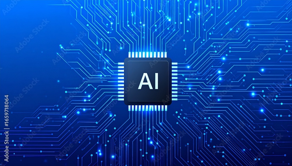Poster a stylized image of an ai microchip on a blue background