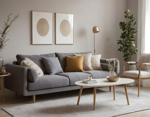 Modern Living Room with Grey Sofa and Coffee Table. Stylish Interior Design with Couch and Cushions