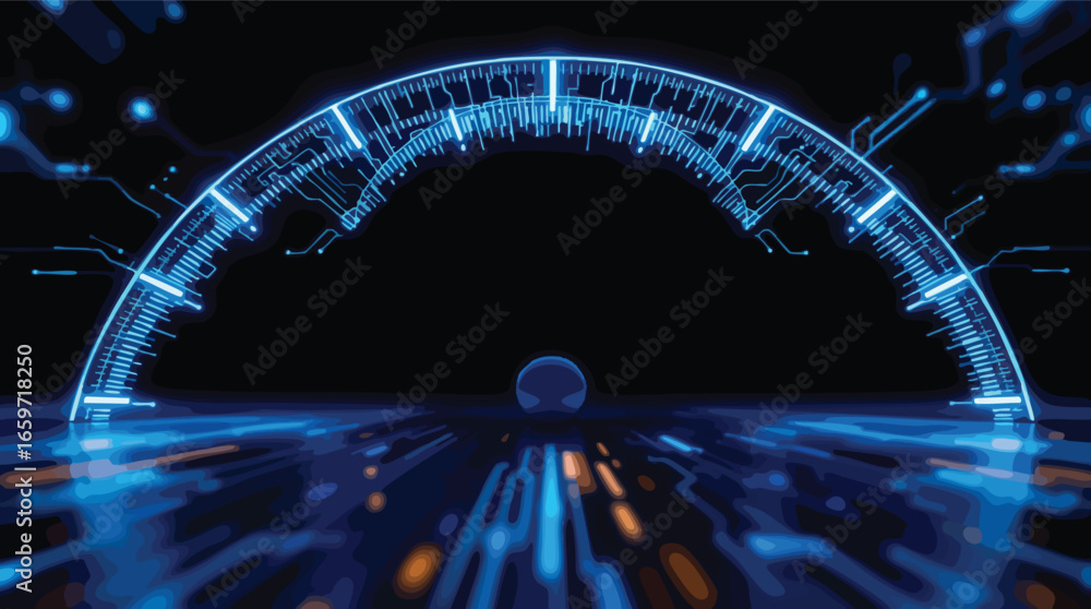 Aufkleber digital speedometer or gauge with glowing blue lines and data streams technology futuristic.