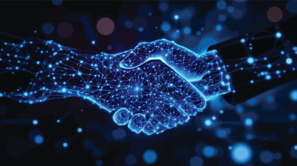 Digital Handshake with Glowing Blue Network Connections and Bokeh Lights business agreement.