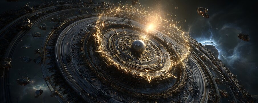 Celestial time-guardian shrine orbiting planetary rings with radiant clockwork halos