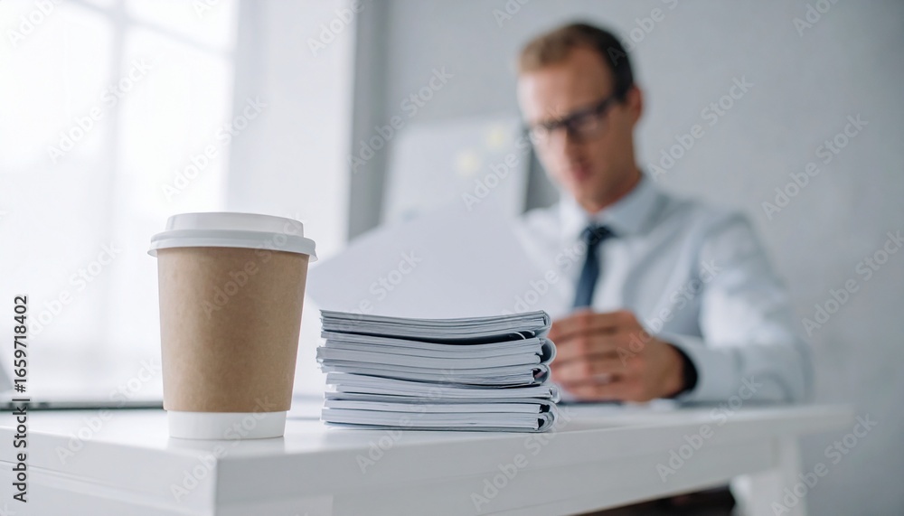 Poster a focused person is working with a stack of papers on a desk, with a coffee cup in front. they are i