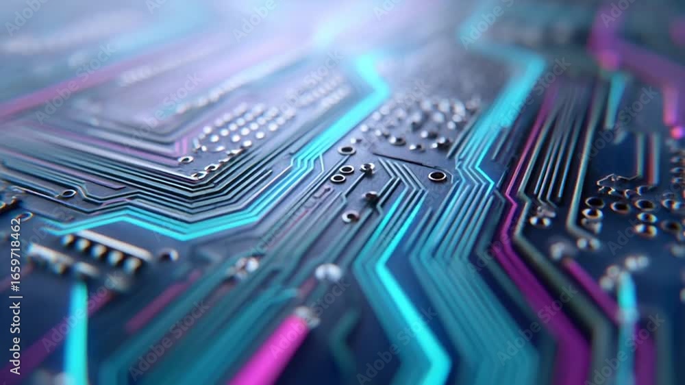 Poster technology background loop digital circuit board closeup glowing blue purple lines creating futurist