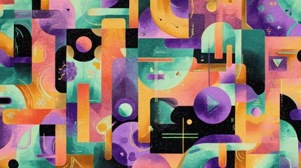 Colorful abstract geometric shapes create a vibrant design.