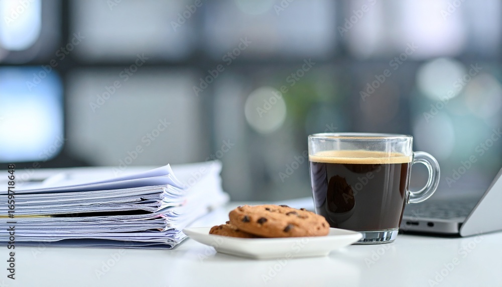 Poster a simple office table with coffee, cookies and documents. the laptop is partially visible in the fra