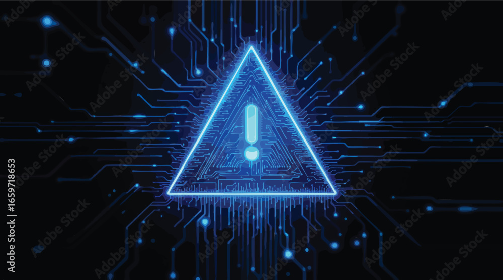 Poster glowing blue exclamation mark in a triangle on a digital circuit board technology cybersecurity.