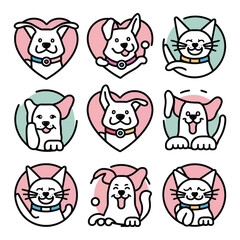 Fototapeta premium Collection of cute cartoon dog and cat emblems with heart and circle shapes isolated on white background