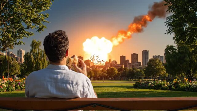 A man calmly eats on a park bench completely ignoring the giant fiery asteroid about to destroy the city in a surreal end-of-the-world scene

