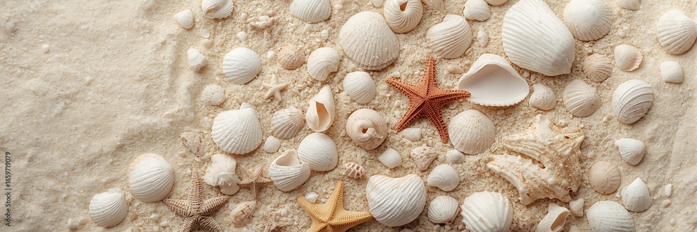 Poster panoramic view of seashells and starfish scattered on sand, creating a textured background perfect f