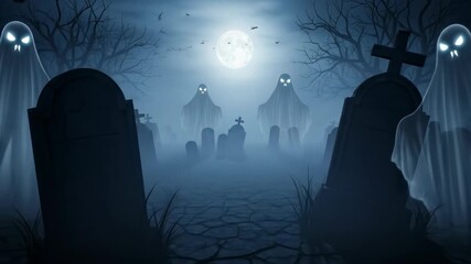 Spooky ghosts with glowing eyes float through a foggy and creepy graveyard at night under a full moon for a scary halloween scene
- Powered by Adobe