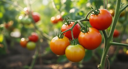 Closeup of ripe red and yellow tomatoes growing on a vine