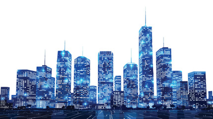 Vibrant blue watercolor cityscape with sparkling lights on a white background skyline skyscrapers.