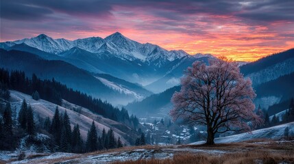 Winter sunrise over frosted mountain valley