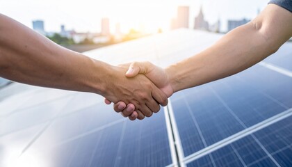 Two hands shaking in front of the solar panel arrays, symbolizing agreement, partnership, and collaboration in the context of renewable energy.