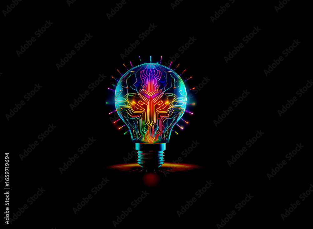 Poster glowing light bulb with vibrant circuit patterns illuminates against a dark backdrop. a digital repr