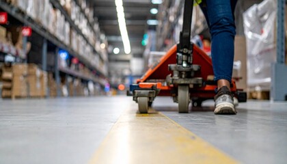 Warehouse worker moving items with a pallet jack in the warehouse storage area