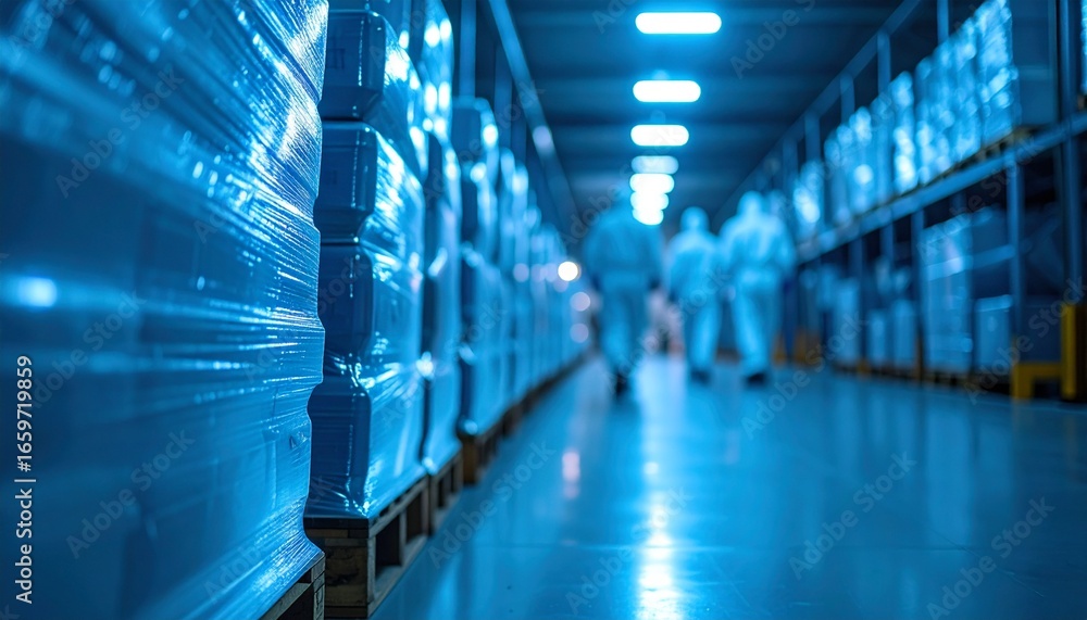 Poster warehouse scene with stacked packages and workers in the distance. the scene creates a sense of scal
