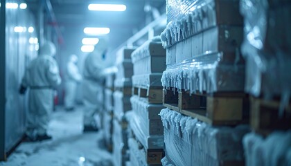 Obraz premium Cold Storage warehouse with workers and stacked pallets