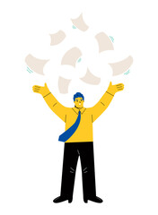 Business man throwing papers up. Flat vector illustration isolated on white background