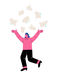 Business woman throwing papers up. Flat vector illustration isolated on white background