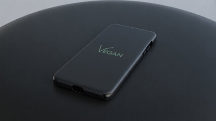 A sleek black phone case with the word vegan on it, isolated on white background, perfect for the ecoconscious consumer looking for stylish protection for their mobile device