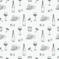 Wine bottle, glass, grape bunch, barrel, corkscrew and cork with handwritten text vin repeated in seamless pattern. Vintage sketch style vector illustration