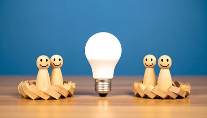 Two groups of wooden figures are seated in their respective nests, with a glowing light bulb positioned between them, symbolizing innovation and ideas