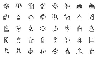 Religion and faith icon set. Religious icon collection in line style. Related to Islma, Christian, Hinduism, Judaism.Thin outline icons pack. Vector illustration. editable stroke