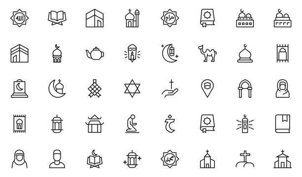 Religion and faith icon set. Religious icon collection in line style. Related to Islma, Christian, Hinduism, Judaism.Thin outline icons pack. Vector illustration. editable stroke