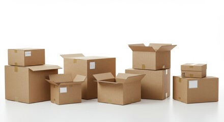 Fototapeta premium Assorted Cardboard Shipping Boxes, Open and Stacked, Isolated on a Clean White Background.