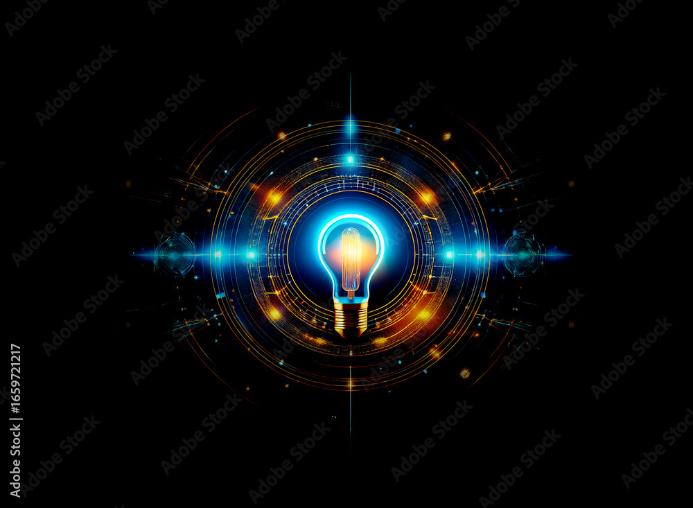 Poster glowing light bulb at the center of concentric circles and radiating lines against a dark backdrop. 