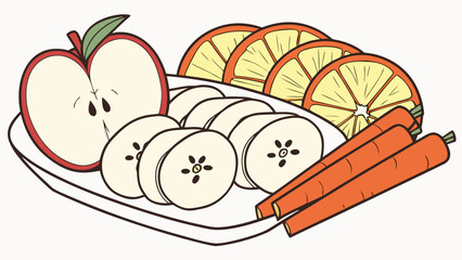 A vibrant illustration of a healthy assortment of sliced fruits and vegetables arranged on a plate