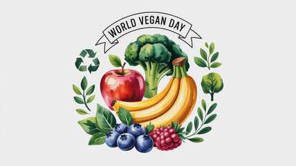 A vibrant watercolor illustration celebrating world vegan day with fresh fruits and vegetables, promoting a healthy and ecofriendly lifestyle, isolated on white background